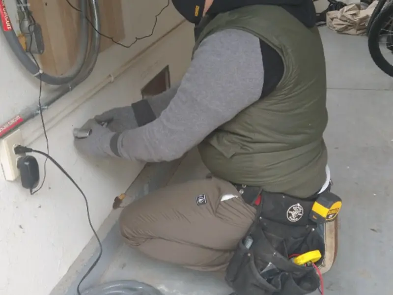 Electrician performing outlet wiring in a Ramsey garage
